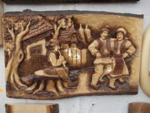 Sculptura lemn Pereche de dansatori si fluieras de la Marincu George