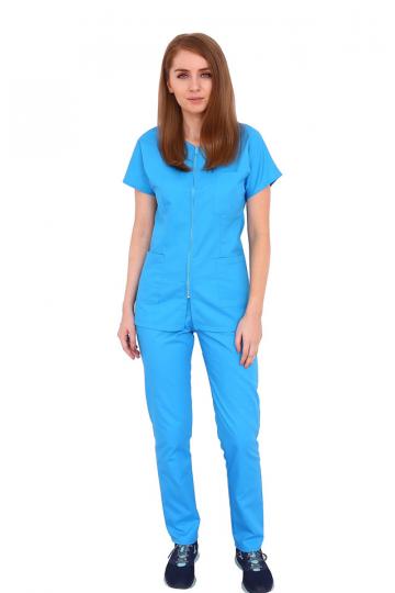 Costum medical turquoise, cu bluza cu fermoar cambrata de la Doctor In Uniforma Srl