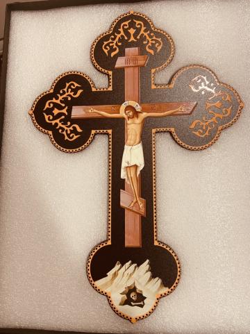 Sfanta Cruce lemn si insertie sticla Bizantin 30cm