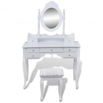 Masuta de toaleta cu oglinda 7 sertare si taburete XXL alb de la VidaXL