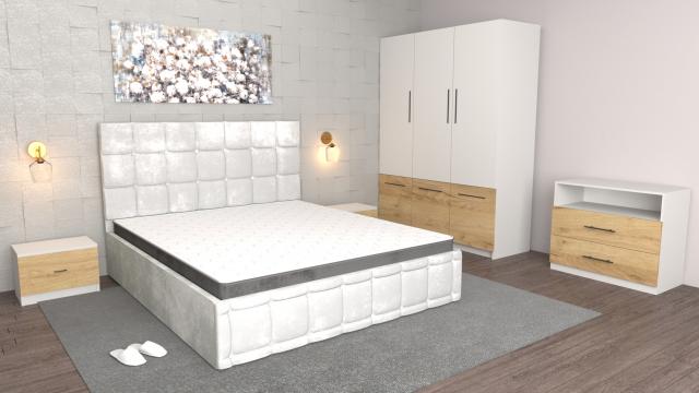 Dormitor Regal alb sonoma cu pat matrimonial tapitat de la Wizmag Distribution Srl