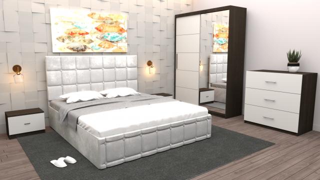 Dormitor Regal cu pat tapitat alb stofa cu dulap usi