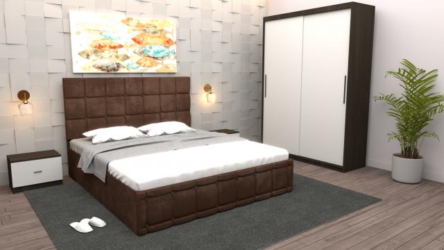 Dormitor Regal cu pat tapitat maro stofa cu dulap