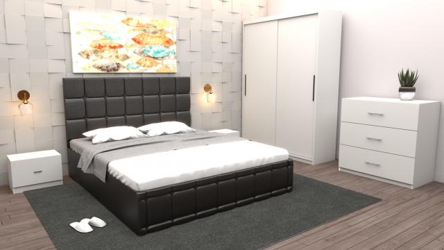 Dormitor Regal cu pat tapitat negru imitatie piele cu dulap de la Wizmag Distribution Srl