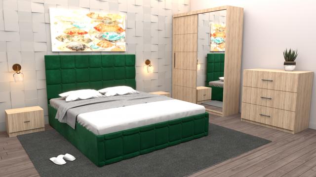 Dormitor Regal cu pat tapitat verde stofa cu dulap