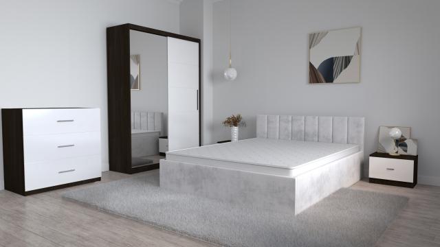 Mobila set dormitor Oliver Magia cu pat tapitat alb murdar