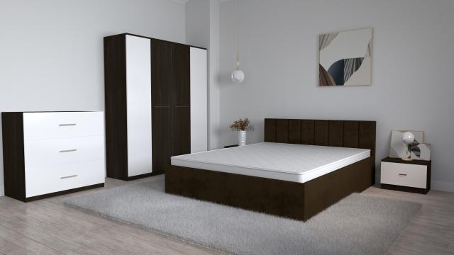 Mobila set dormitor Oliver Magia cu pat tapitat maro inchis