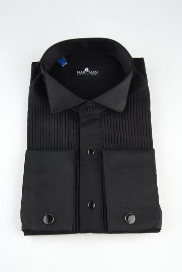 Camasa neagra cu guler papion si pliuri verticale de la Narman - Tuxedo
