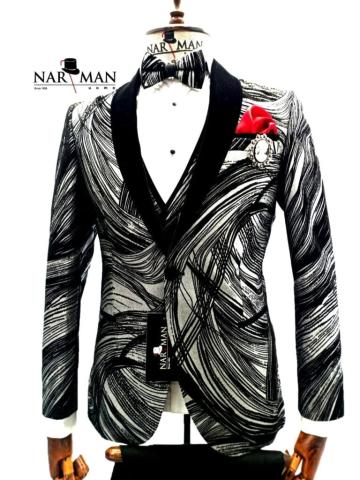 Costum mire/ginere - Costum alb cu negru, guler sal - CSA75