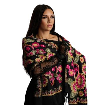 Sal din lana si casmir cu broderie florala colorata