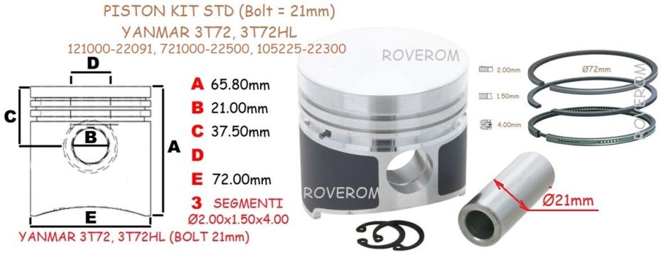 Piston kit STD Yanmar  2T72HLE, 3T72HL, 3T72HLE de la Roverom Srl