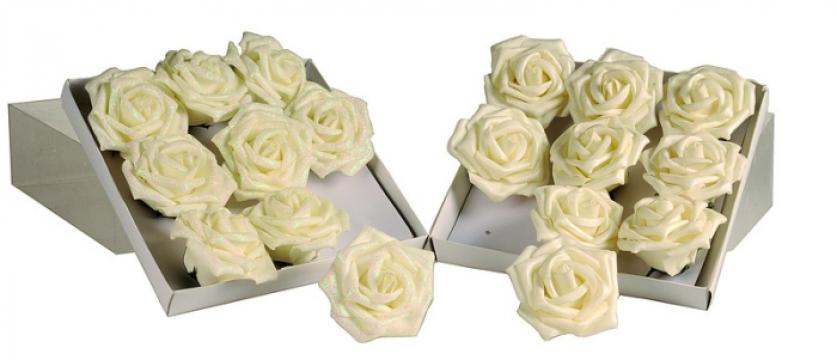 Set decor 12 trandafiri 6cm alb perlat alb perlat cu gliter