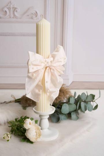 Lumanare botez A33 cu funda eleganta si perle - grej de la Andreeatex