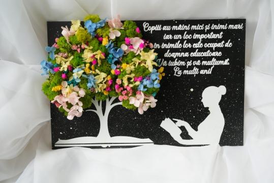 Decoratiune tablou licheni, hortensie si mesaj educatoare de la Flower Power Gift