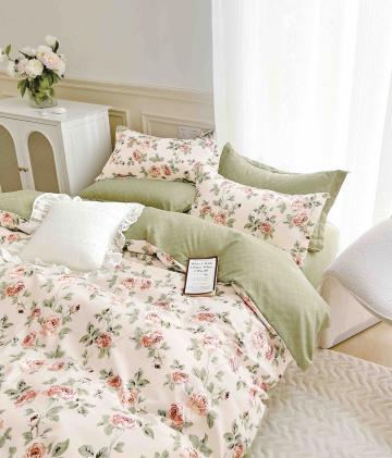Lenjerie de pat finet 6 piese verde cu floricele