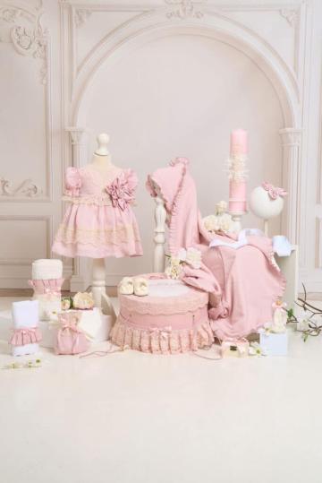 Set complet botez (trusou) - Blossom - roz (maneca scurta)