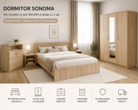 Mobilier dormitor Soft Sonoma cu dulap 3 usi si pat