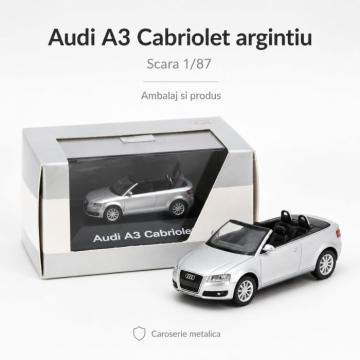 Macheta Audi A3 Cabriolet argintiu, cu vitrina plexiglas de la Hobbyplanet Romania